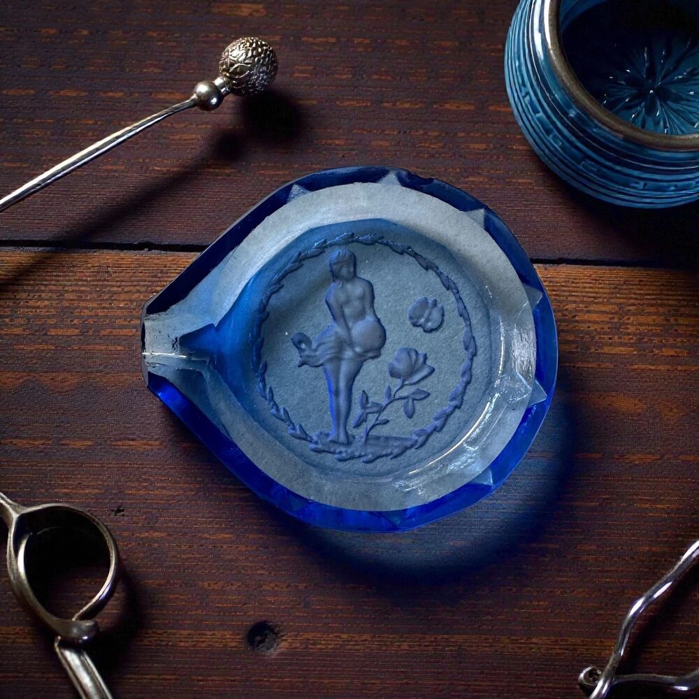 Vintage Art Deco Cobalt Blue Glass Ashtray, Schlevogt Lady Intaglio Trinket Dish